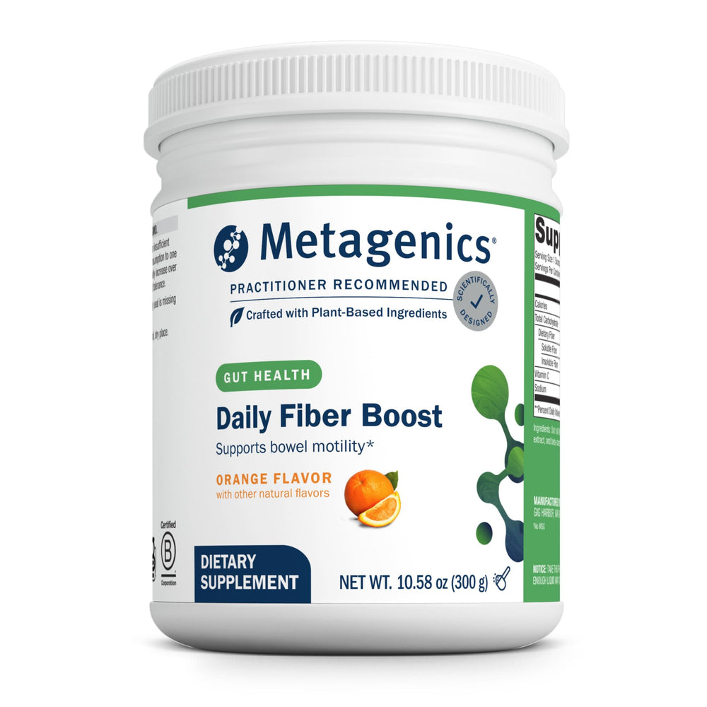 Metagenics Herbulk Fiber Powder orange bottle supports daily fiber intake