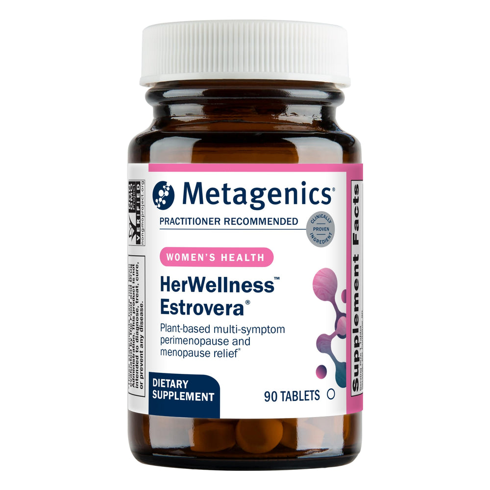 Metagenics HerWellness Estrovera bottle front for convenient menopause support.