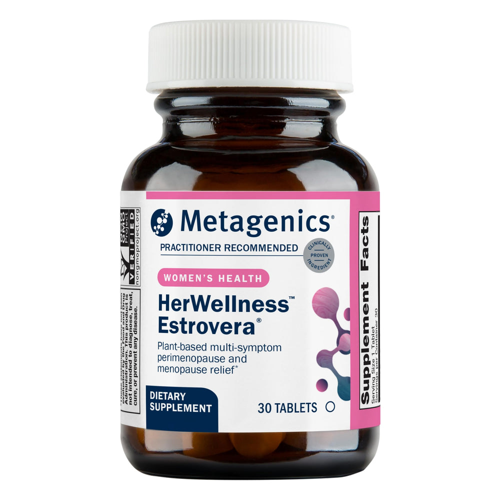 Metagenics HerWellness Estrovera bottle front for convenient menopause support.