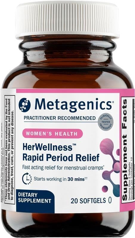 Metagenics HerWellness Rapid Period Relief bottle and label
