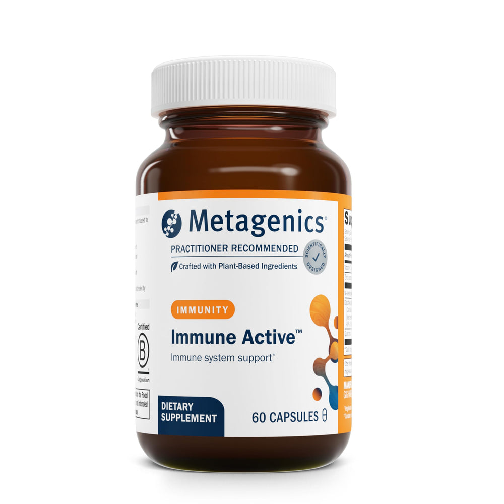 Metagenics Immune Active bottle front highlighting immune support and complete label