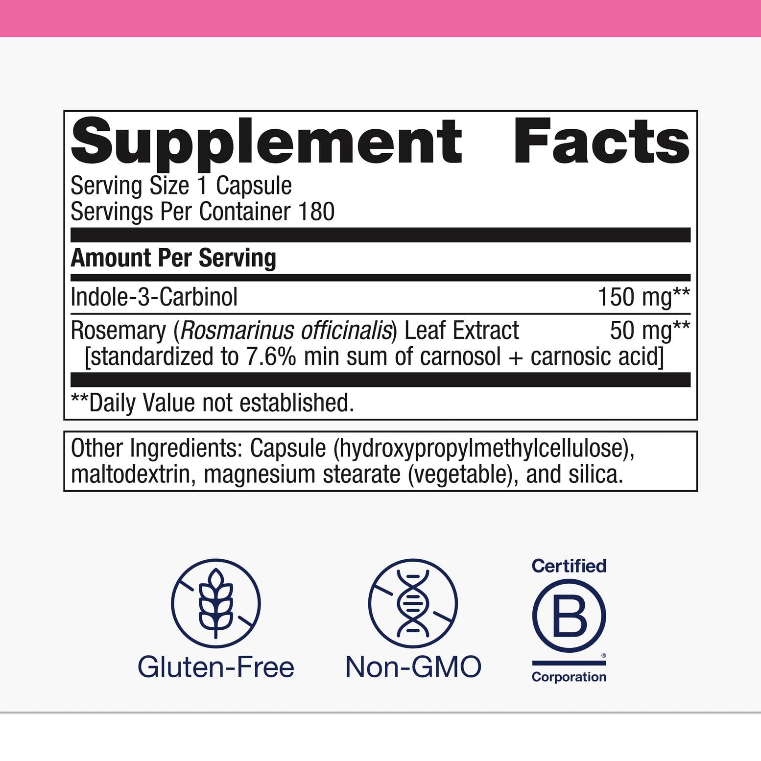 Close-up of Indole-3-Carbinol ingredient details on label