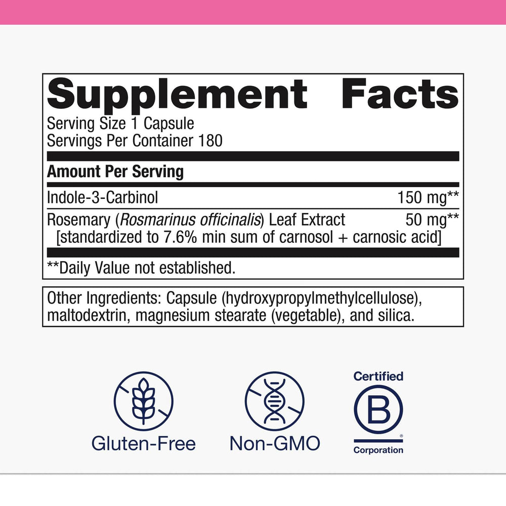 Close-up of Indole-3-Carbinol ingredient details on label