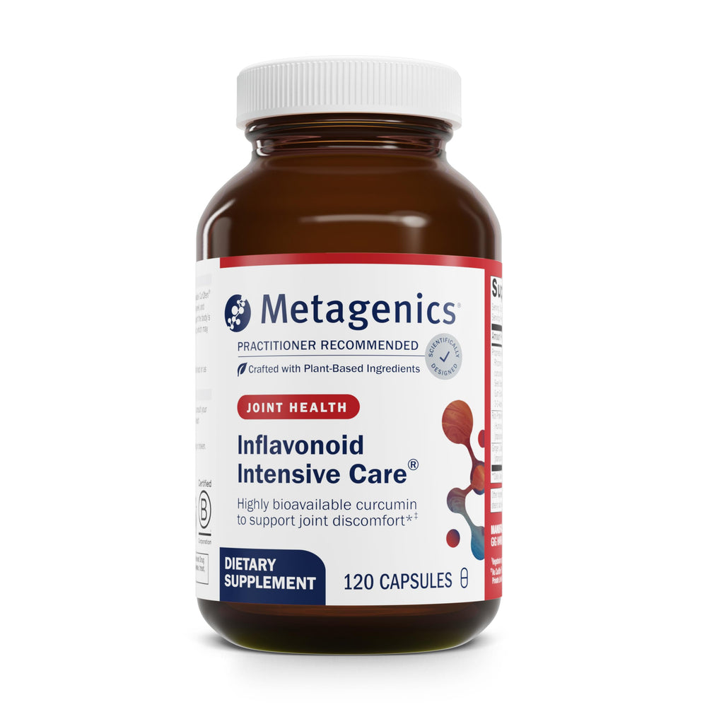 Metagenics Inflavonoid Intensive Care bottle supports joint comfort for active lifestyles.