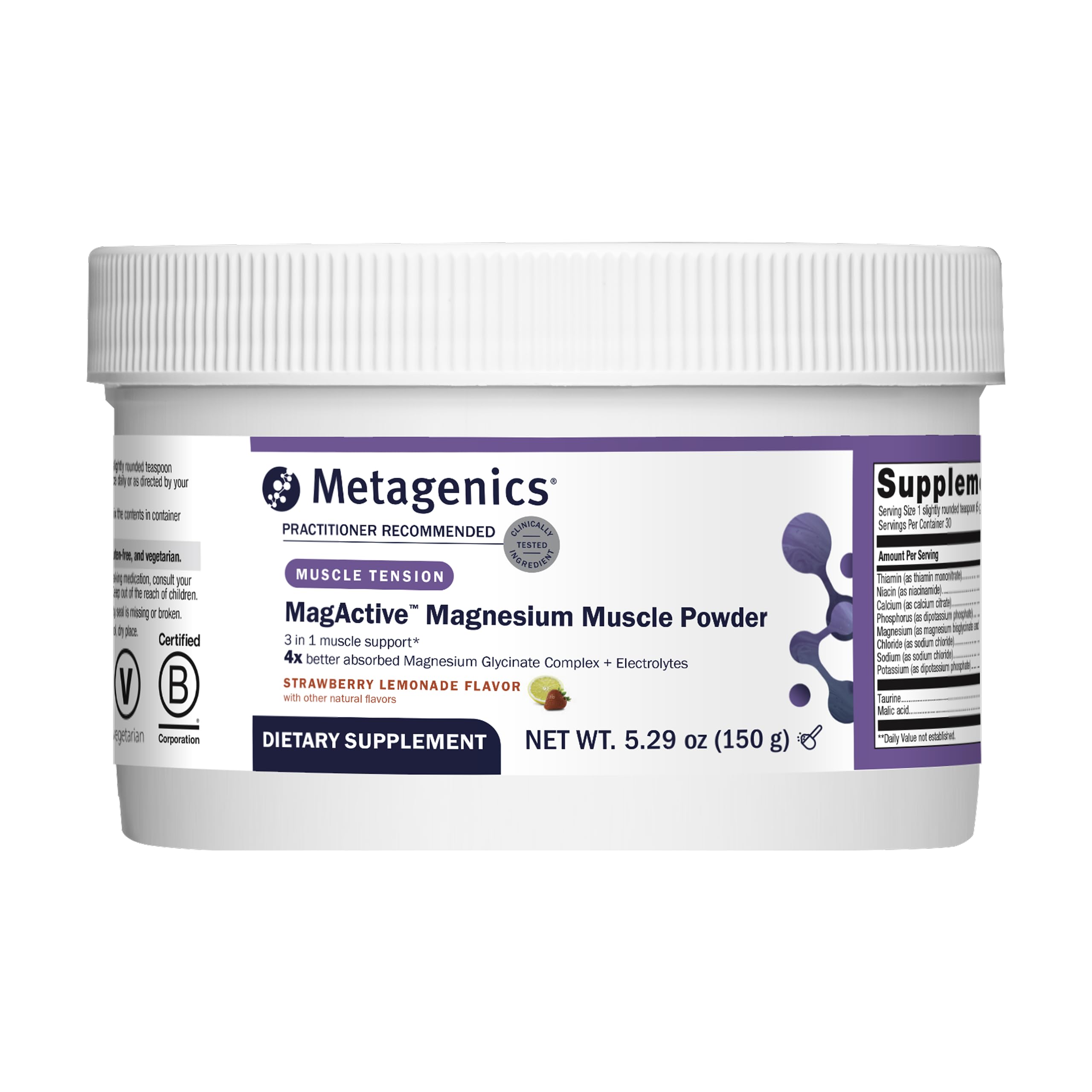 Front view of Metagenics MagActive Magnesium Muscle Powder canister, Strawberry Lemonade flavor