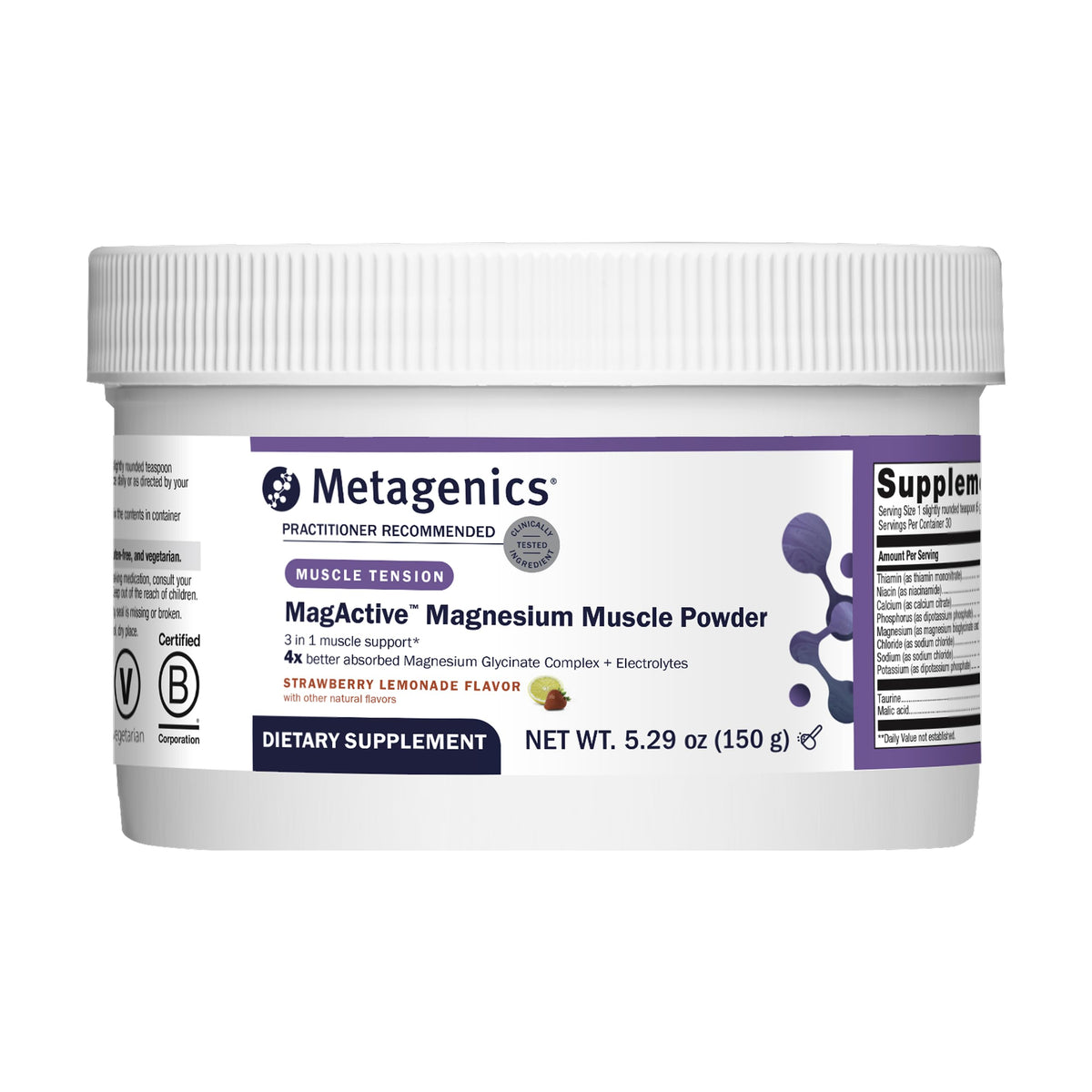 Front view of Metagenics MagActive Magnesium Muscle Powder canister, Strawberry Lemonade flavor
