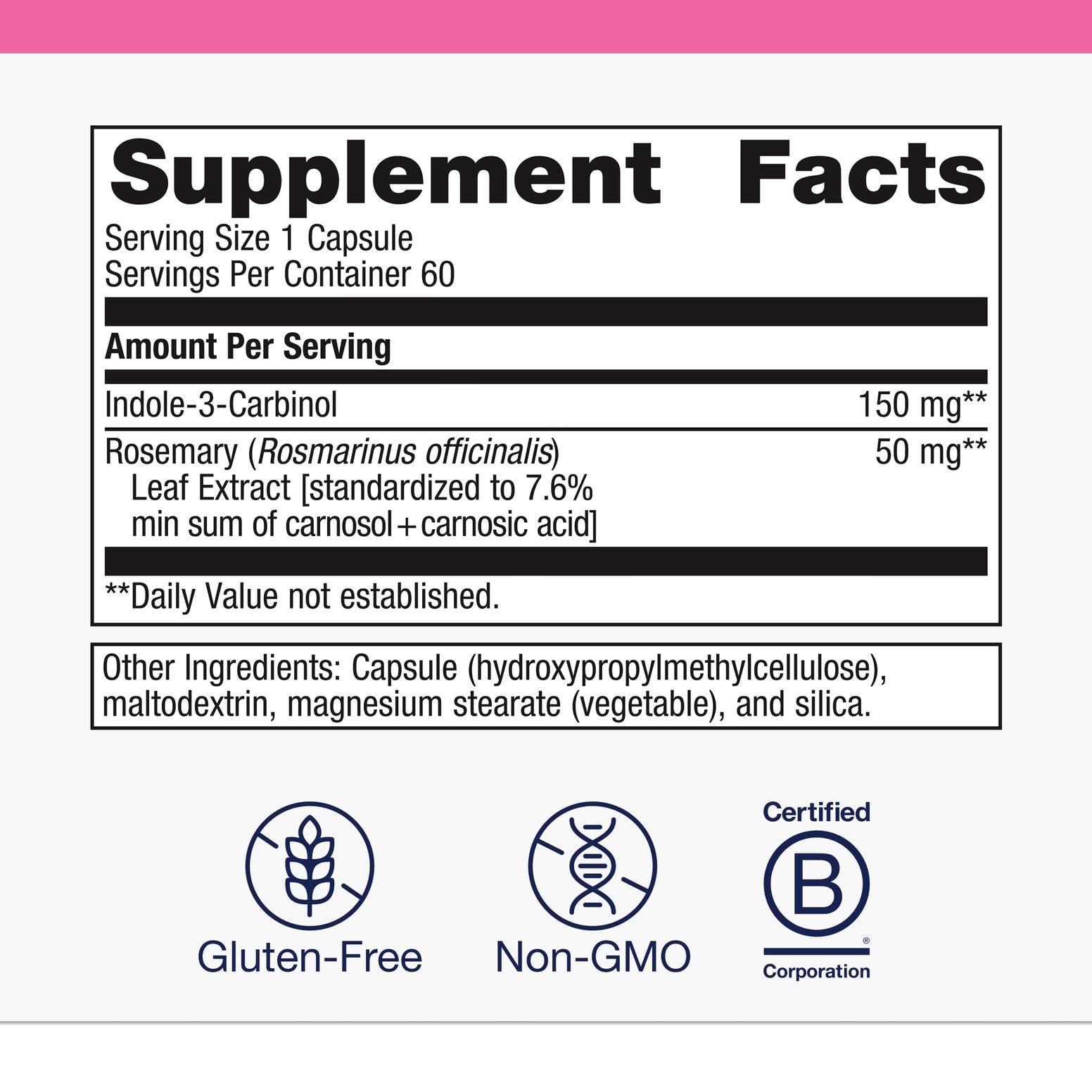Metagenics Meta Indole-3-Carbinol capsules showing vegan, non-GMO formula.