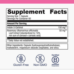 Metagenics Meta Indole-3-Carbinol capsules showing vegan, non-GMO formula.
