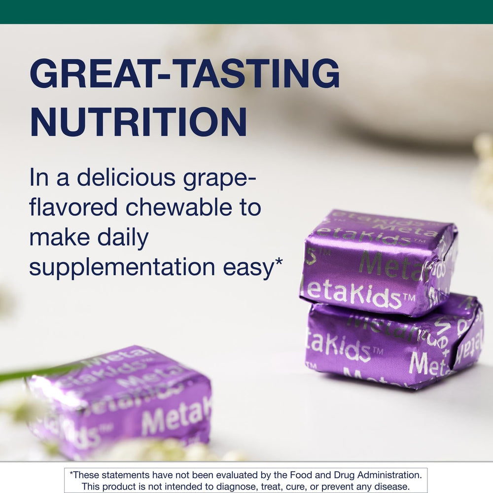 Textured chew close-up emphasizes appealing texture and taste in MetaKids soft vitamins.