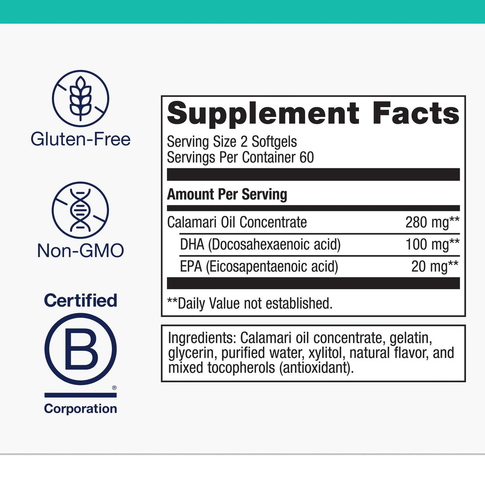 Label showing 100 mg DHA and 20 mg EPA per serving