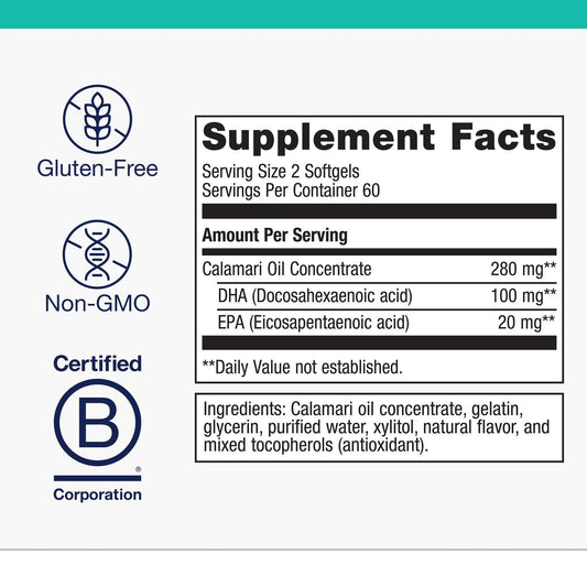 Label showing 100 mg DHA and 20 mg EPA per serving