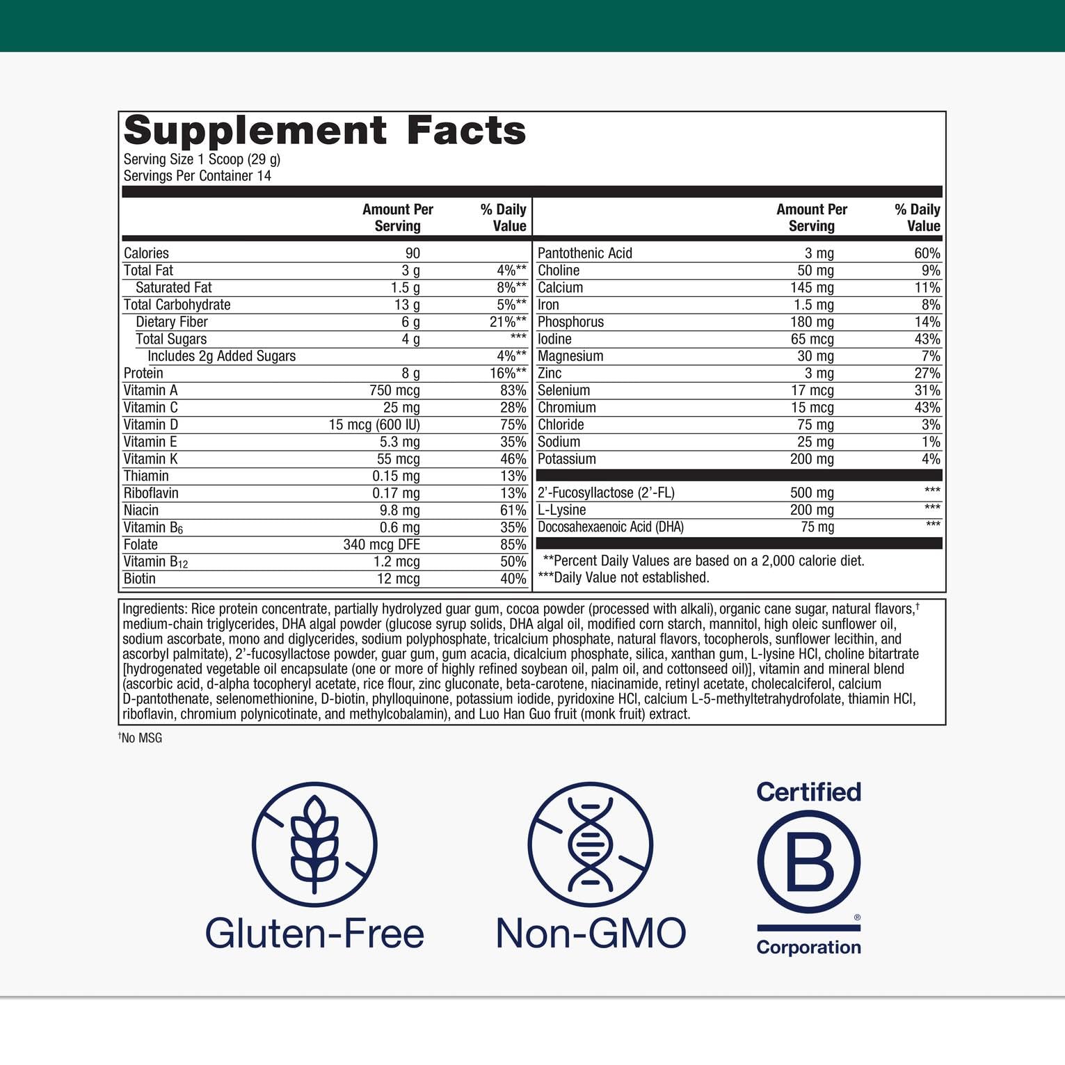 Nutrition facts and ingredients panel for MetaKids powder