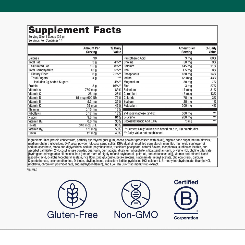Nutrition facts and ingredients panel for MetaKids powder