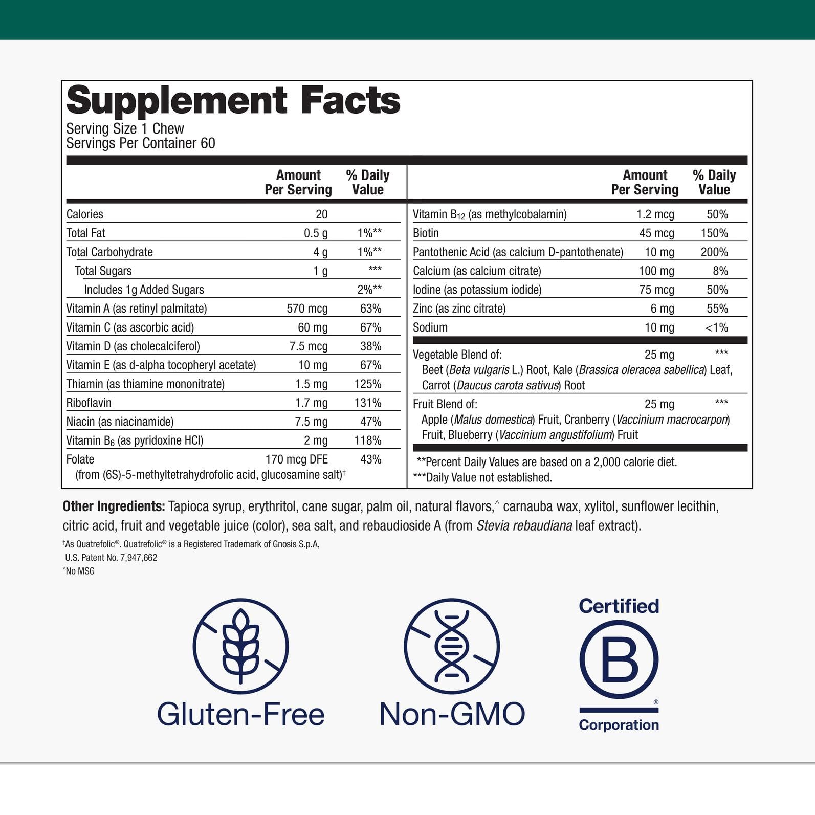Metagenics MetaKids nutrition label highlighting vitamins A, C, D, E and B complex