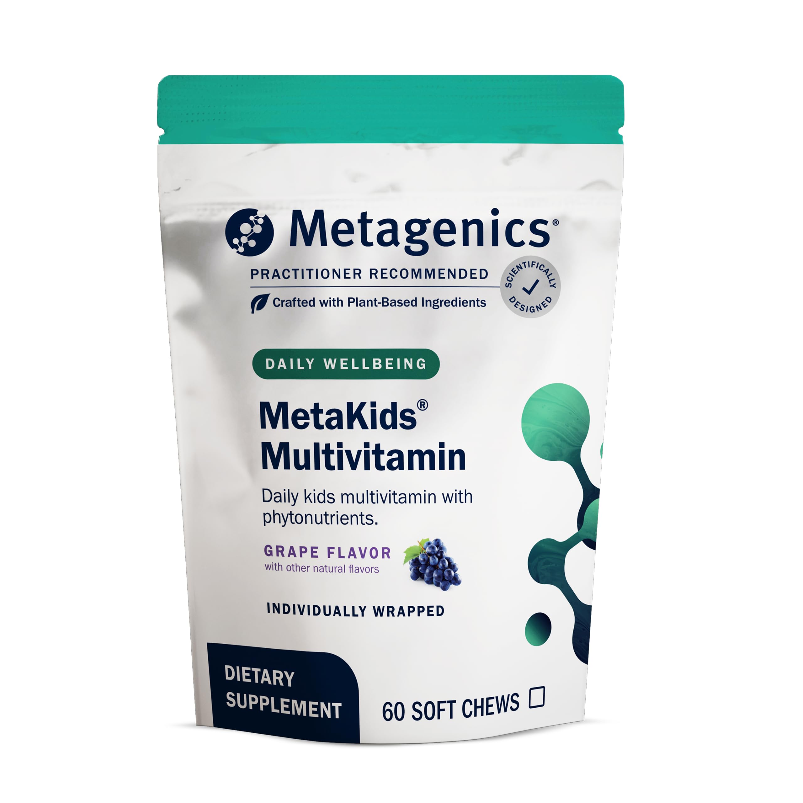 Metagenics MetaKids soft chews grape bottle shown for daily kid nutrition and growth support.