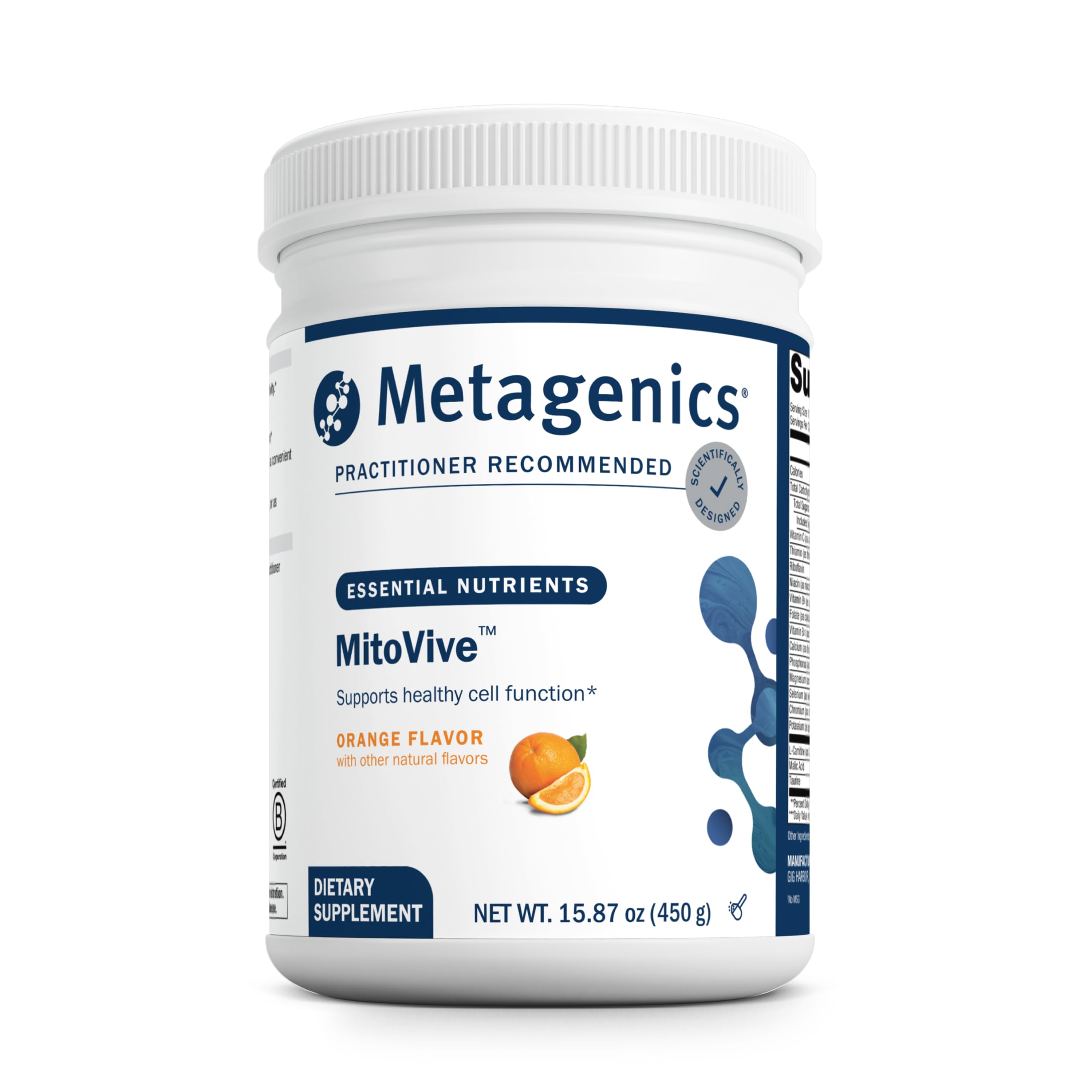 Metagenics MitoVive bottle with orange powder packaging