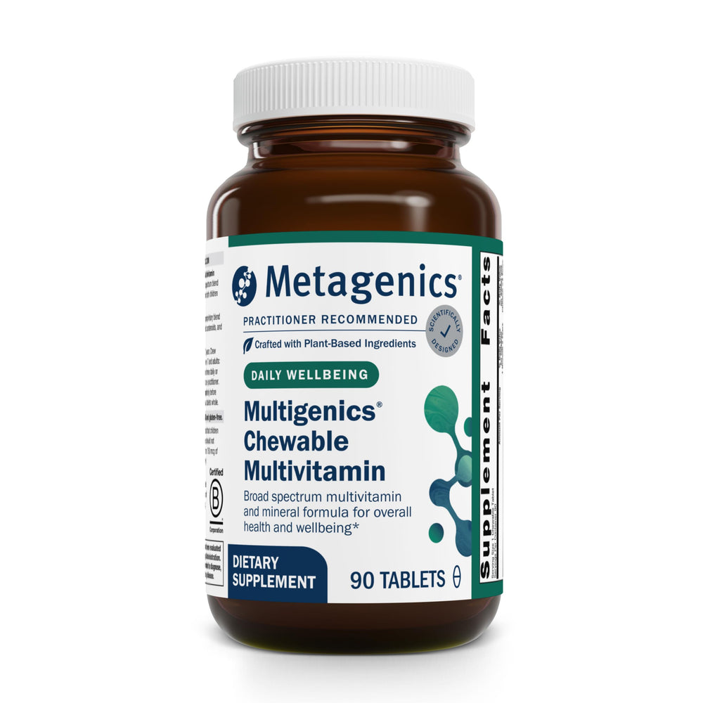 Metagenics Multigenics orange-flavored chewable bottle supports daily energy and overall wellness