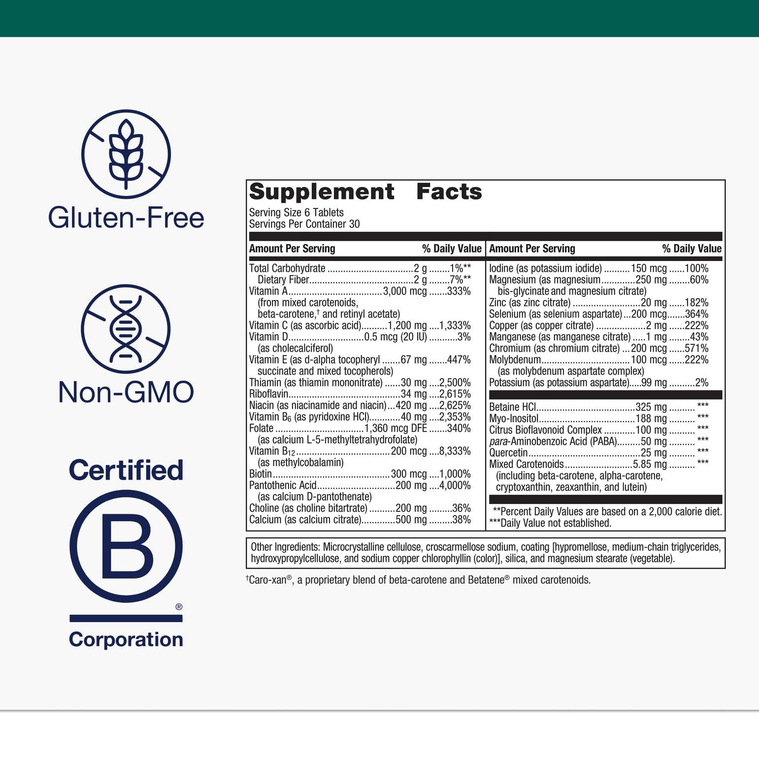 Close-up of Metagenics Multigenics tablets emphasizing fast-release nutrients