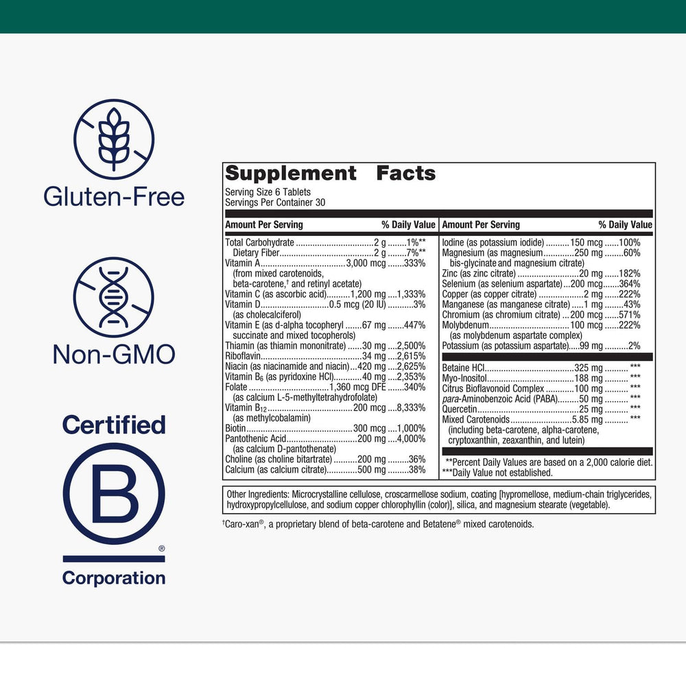 Close-up of Metagenics Multigenics tablets emphasizing fast-release nutrients