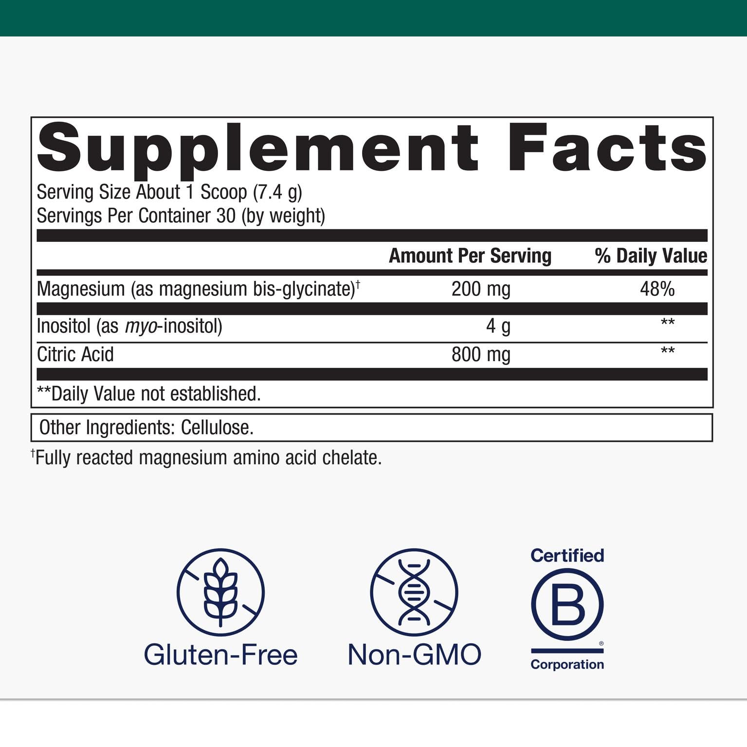 Back label of Metagenics Myo-Inositol Plus bottle showing supplement facts