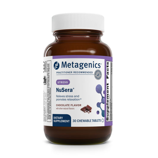 Front label of Metagenics NuSera Chocolate Chewables bottle
