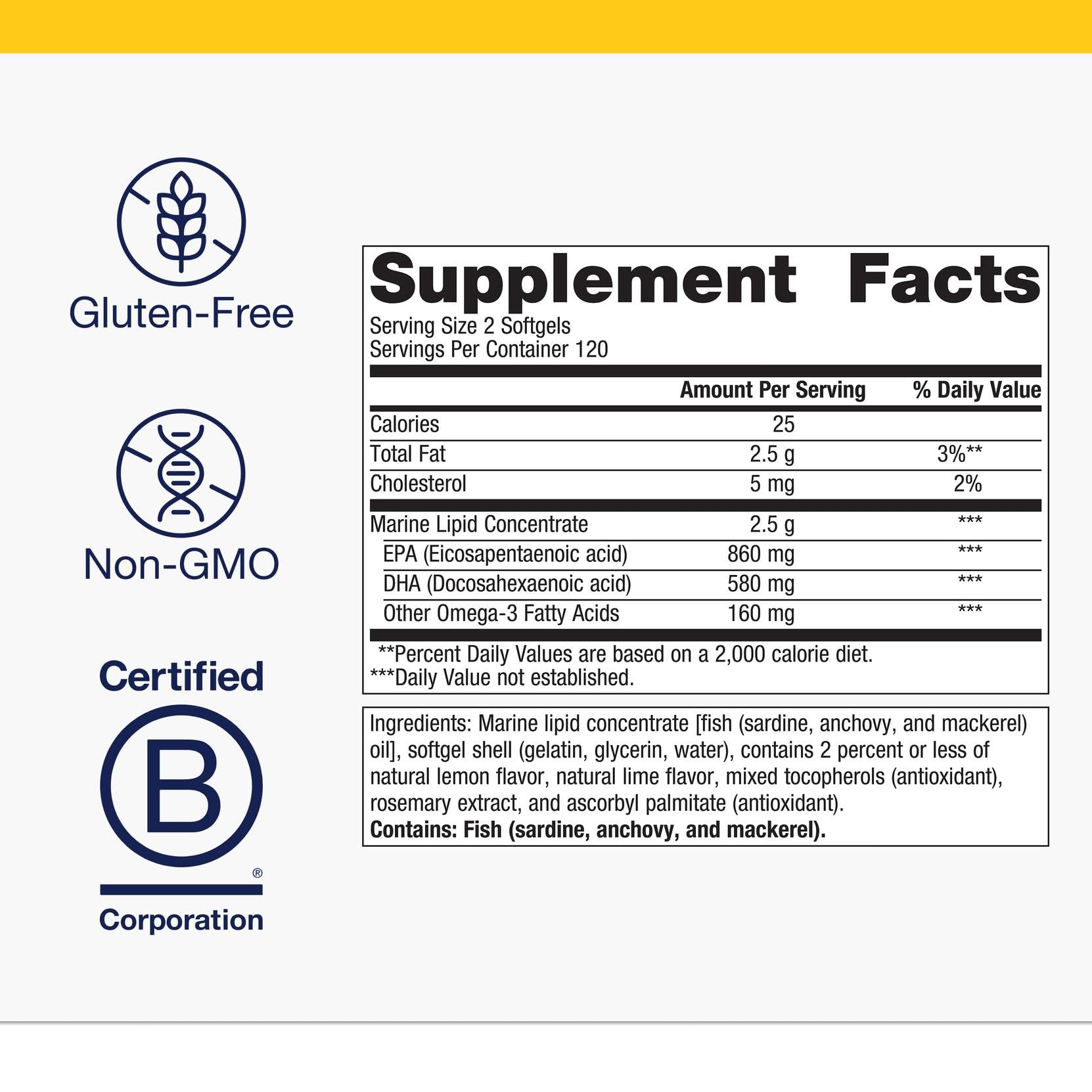 Metagenics OmegaGenics bottle label highlighting purity testing and sustainability.