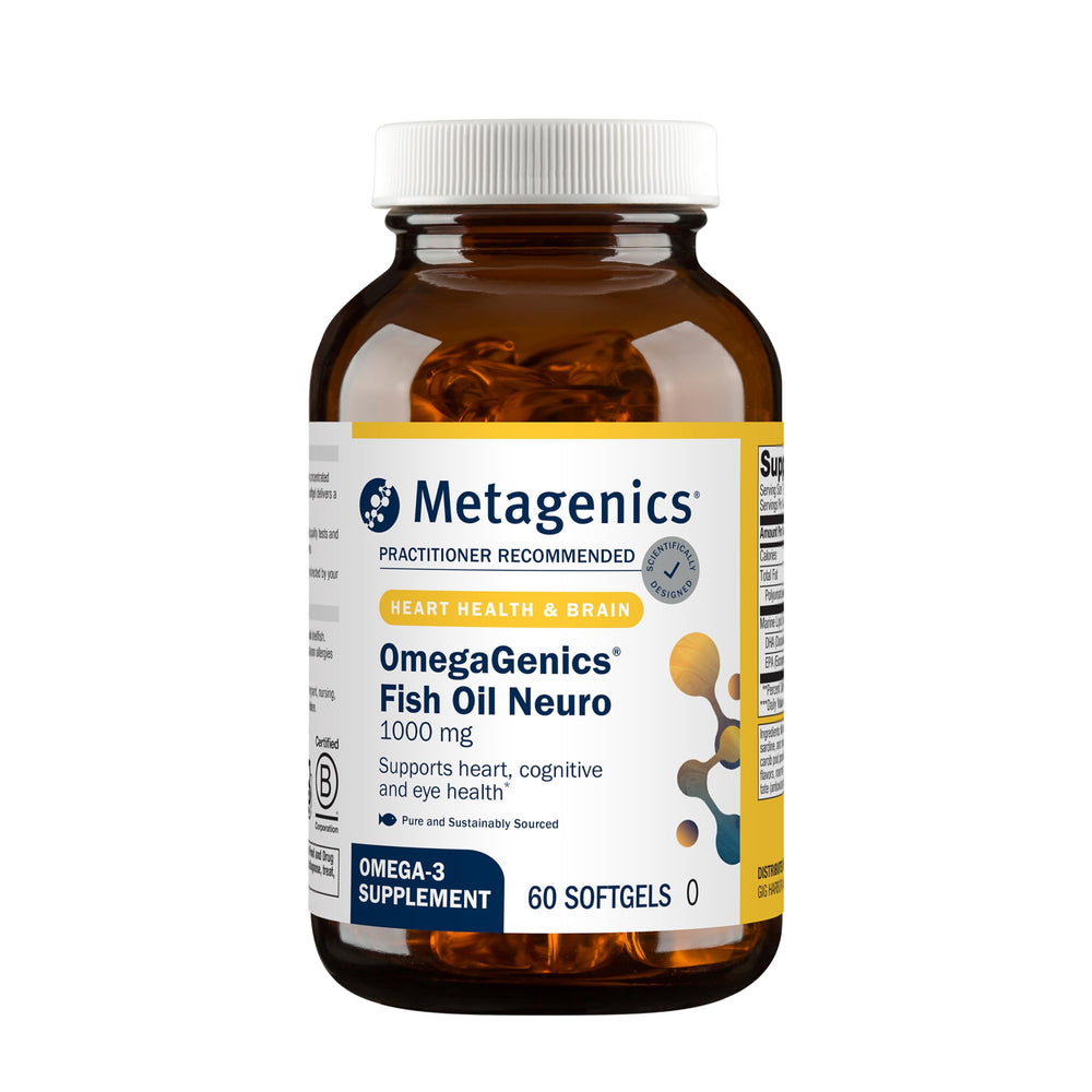 Metagenics OmegaGenics Fish Oil Neuro bottle front highlighting brain health support