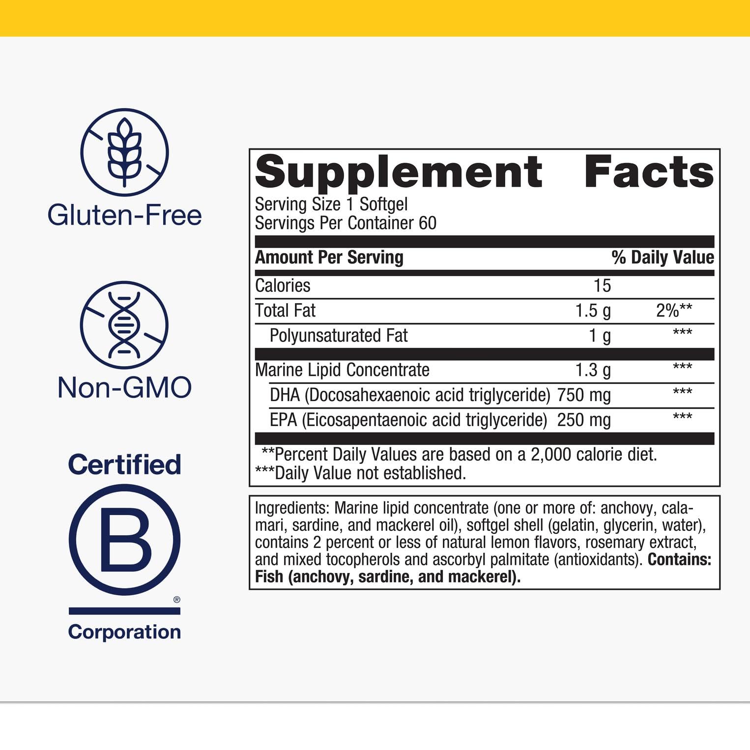 Metagenics OmegaGenics Fish Oil Neuro softgels close-up showing DHA and EPA