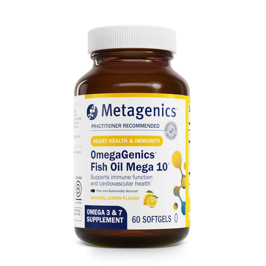 Front of Metagenics OmegaGenics Mega 10 bottle