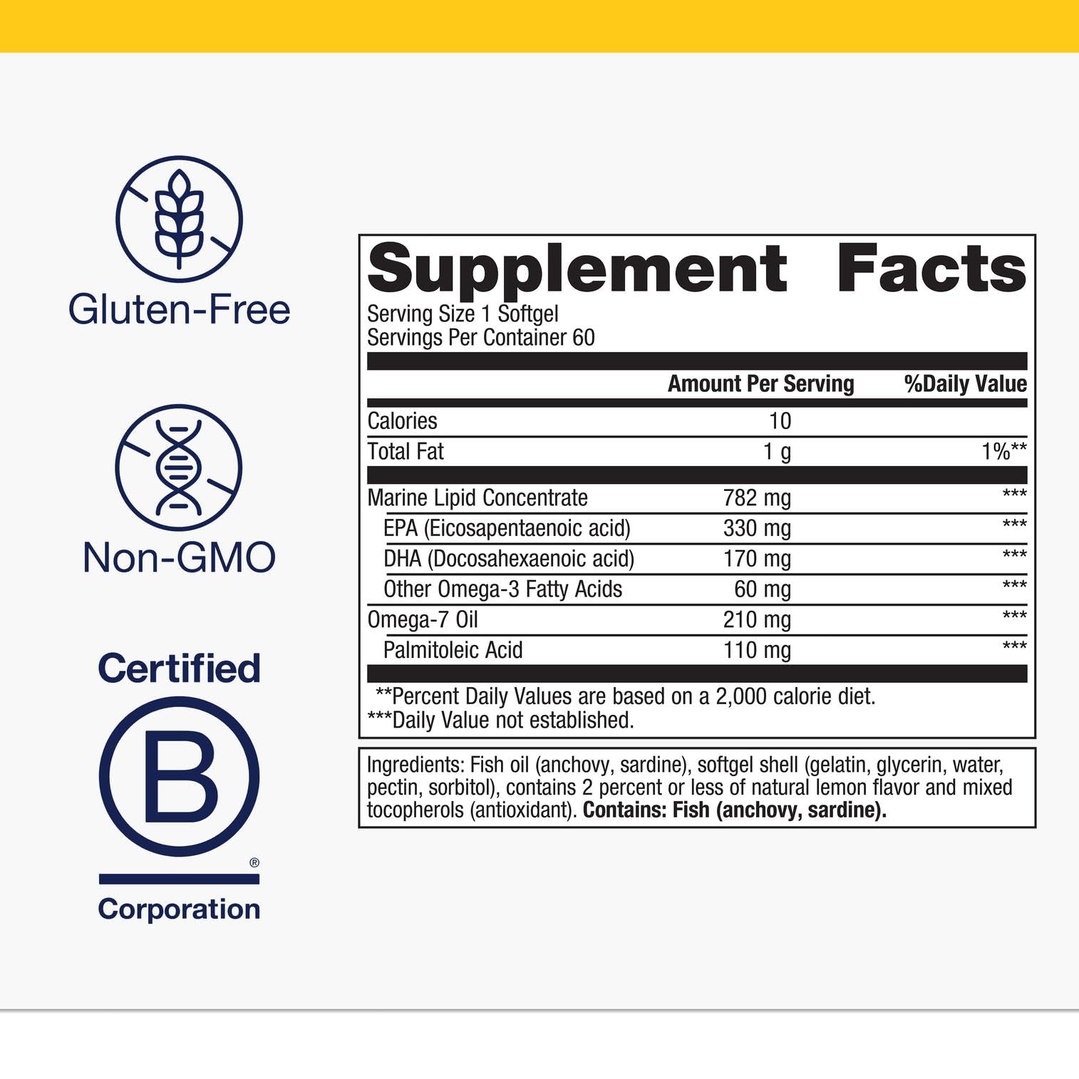 Metagenics OmegaGenics Mega 10 label close-up highlighting purity and potency