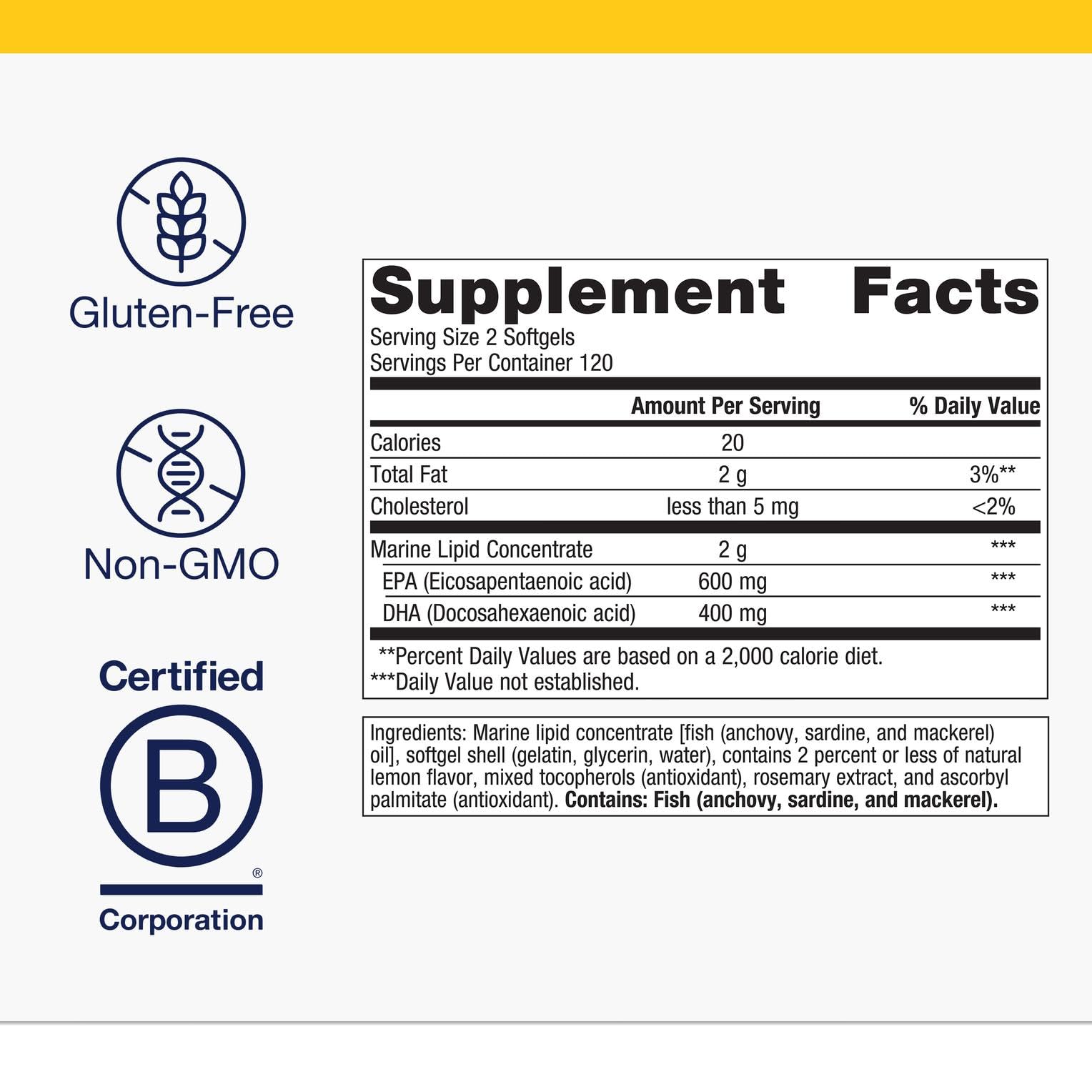 Metagenics OmegaGenics EPA-DHA 500 bottle back label, purity and potency information