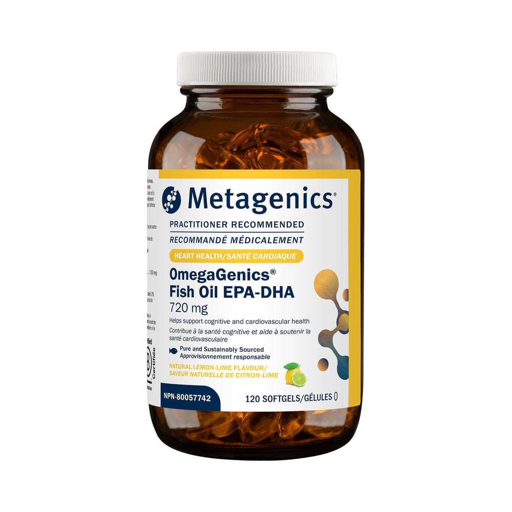 Metagenics OmegaGenics Fish Oil 720 mg bottle with 120 softgels
