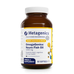 Bottle of Metagenics OmegaGenics Fish Oil Neuro with label showing 1000 mg omega-3 (750 mg DHA and 250 mg EPA)