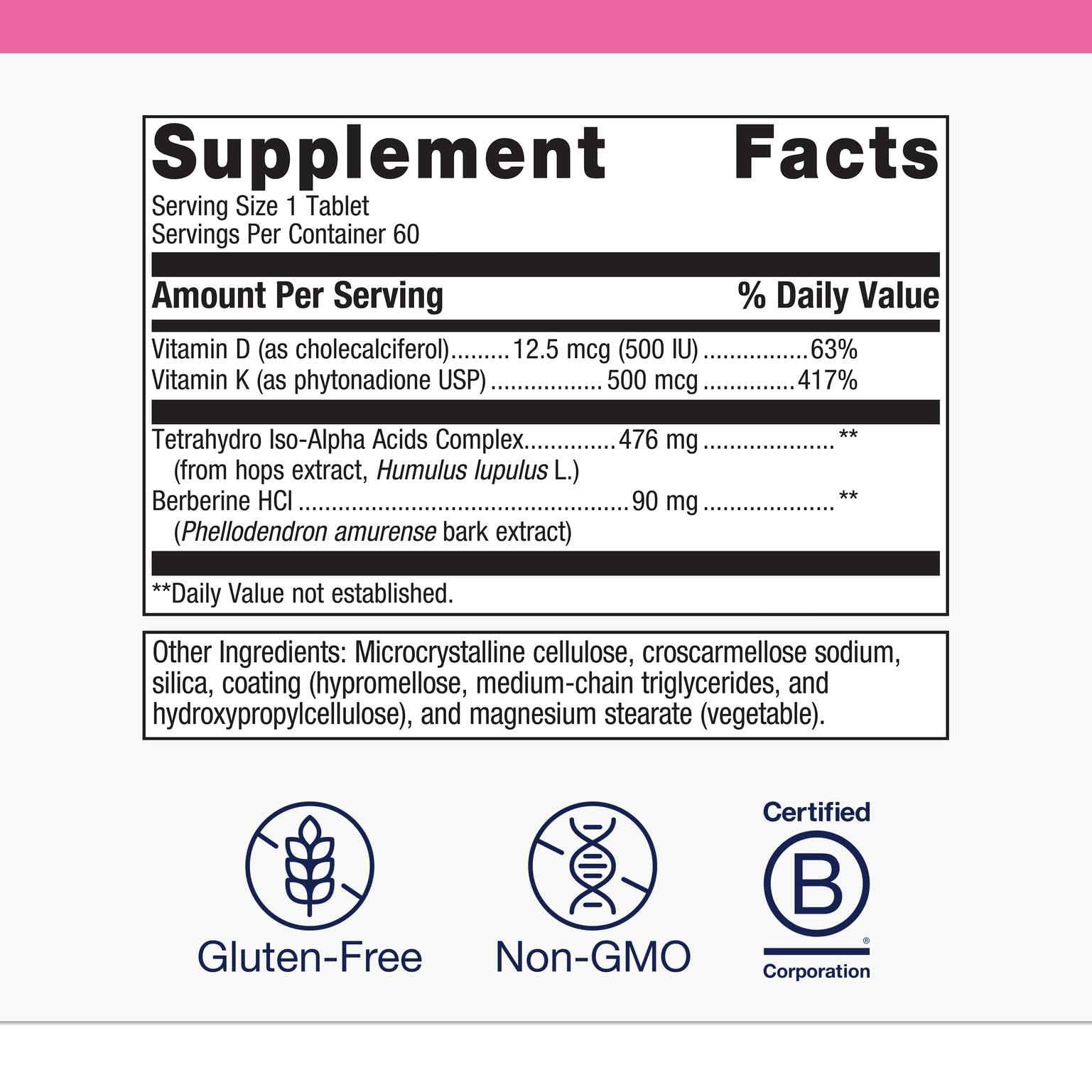 Metagenics Ostera bottle back shows ingredients like berberine and vitamins D and K.