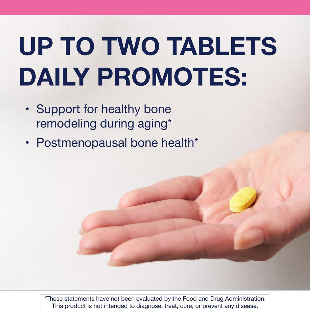 Close-up of Ostera tablets showing compact, easy-to-swallow bone-support tablets.