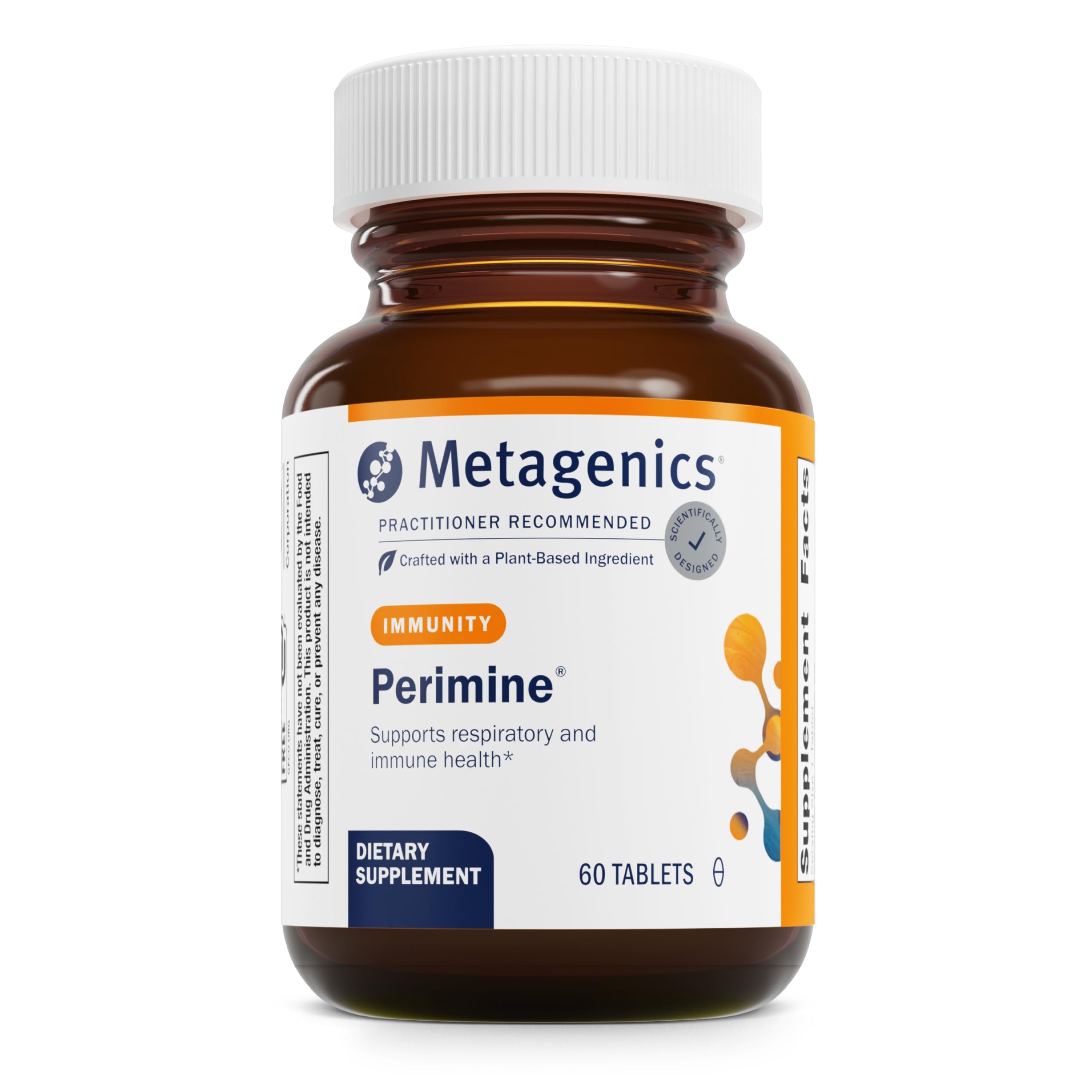 Metagenics Perimine bottle label close-up highlighting quality and dosing.