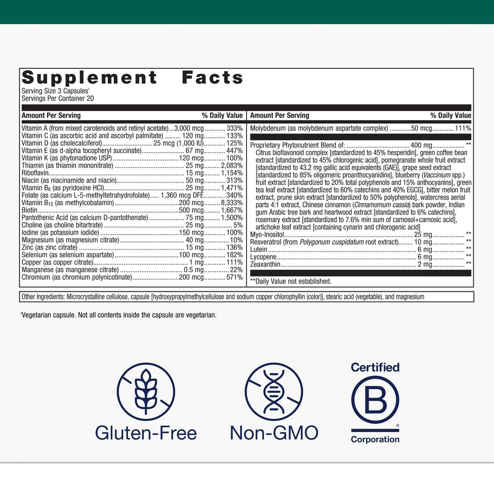 Metagenics PhytoMulti capsules closeup showing tablet texture for daily supplementation.