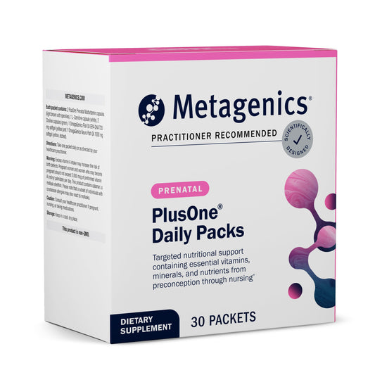 Metagenics PlusOne Daily Prenatal Packs hero image with outer packaging