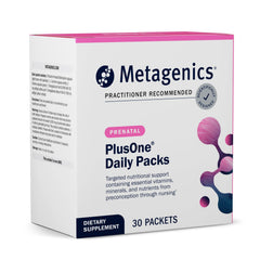 Metagenics PlusOne Daily Prenatal Packs hero image with outer packaging