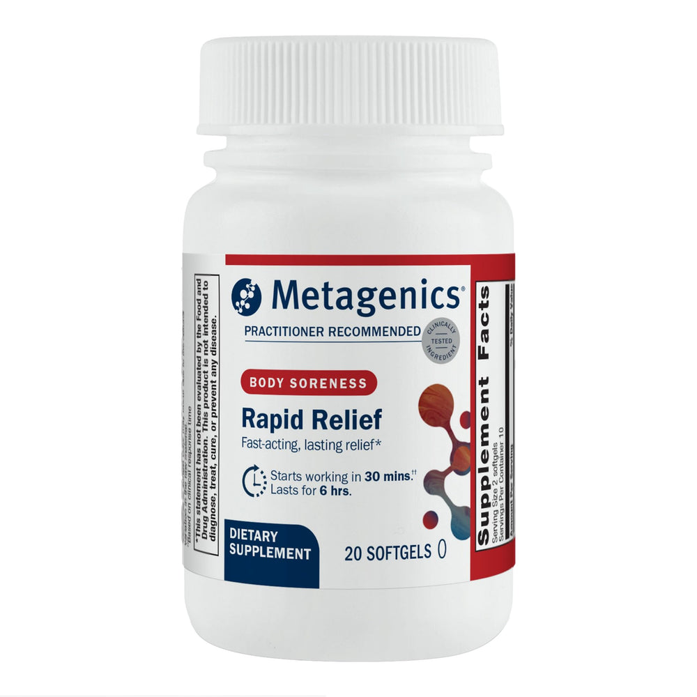 Metagenics Rapid Relief softgels front view for fast discomfort support