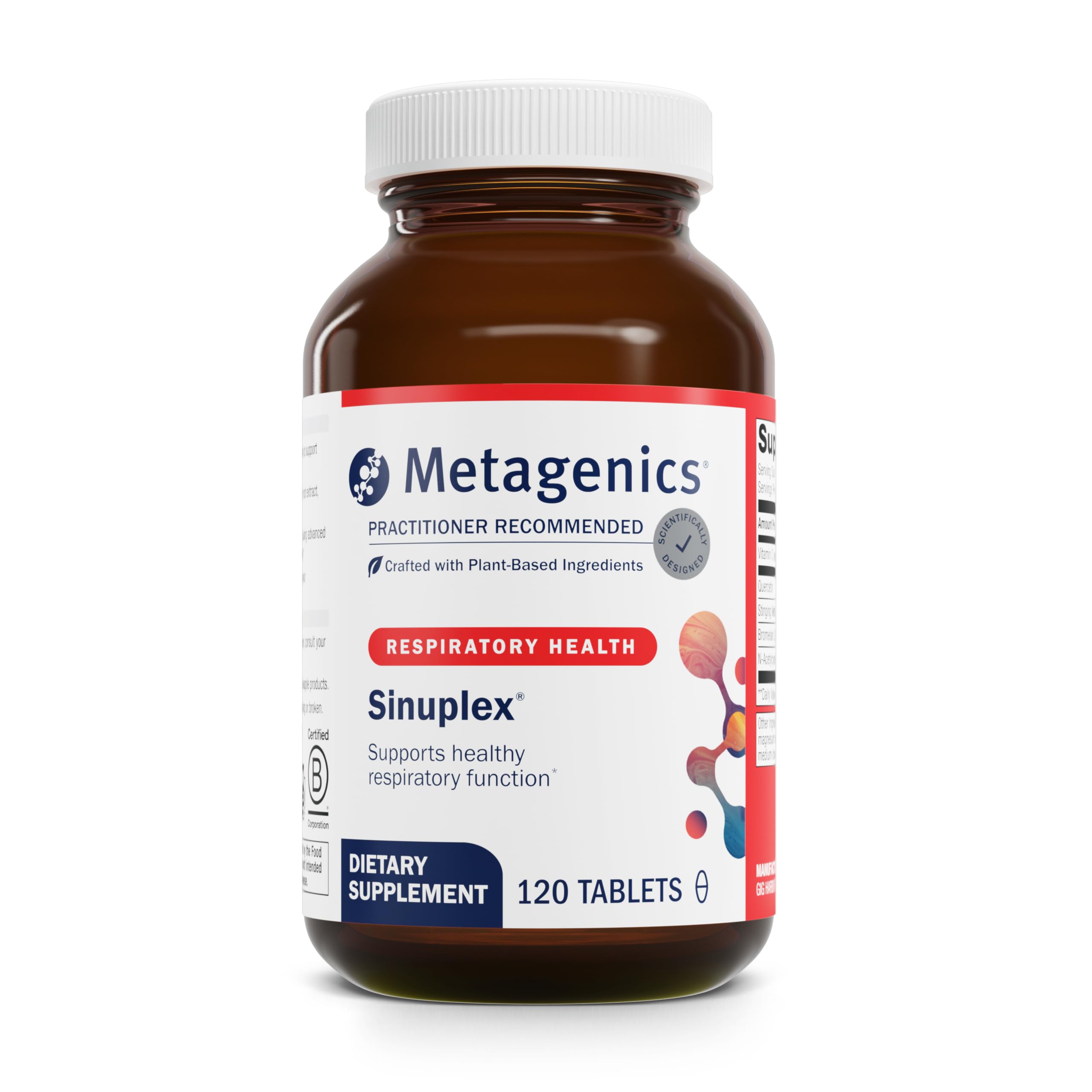 Metagenics Sinuplex bottle front showing respiratory support for daily wellness