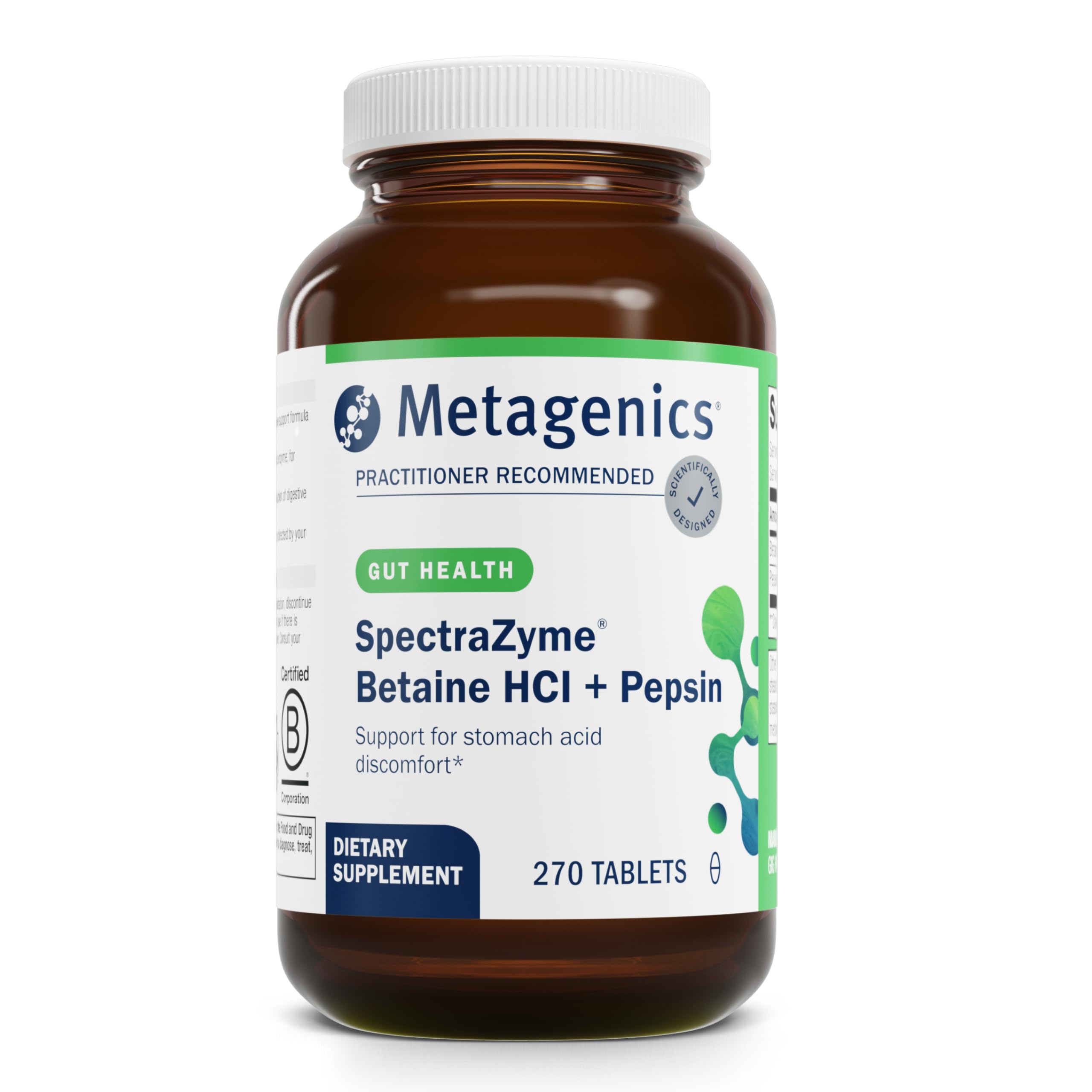 Metagenics SpectraZyme beta HCl bottle highlighting protein digestion support