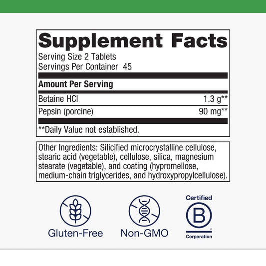 Close-up of label showing 650 mg Betaine HCl and 40 mg Pepsin per capsule