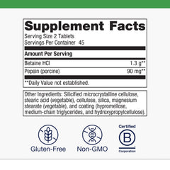 Close-up of label showing 650 mg Betaine HCl and 40 mg Pepsin per capsule