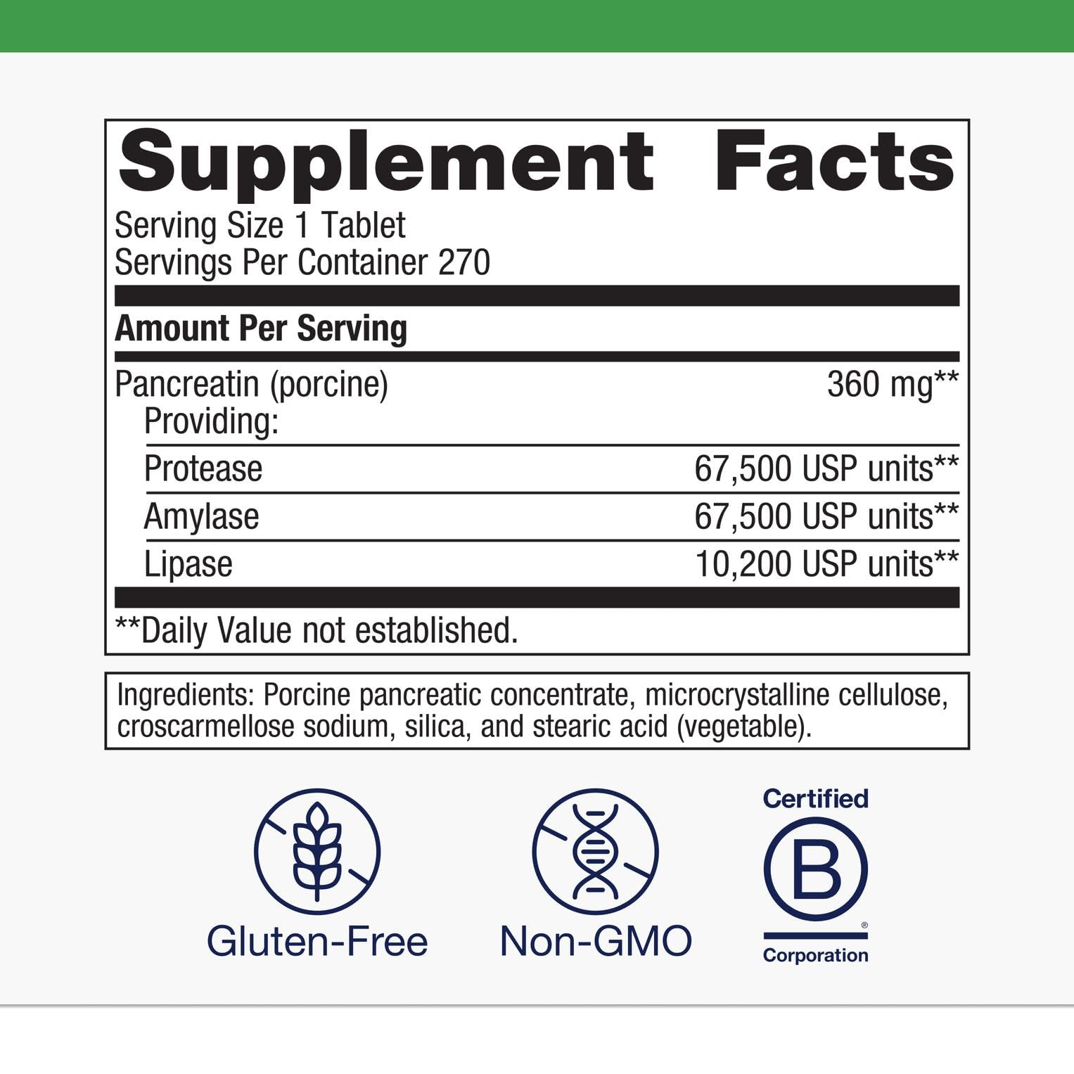 Pancreatic enzyme capsules with protein, fat, and carb symbols