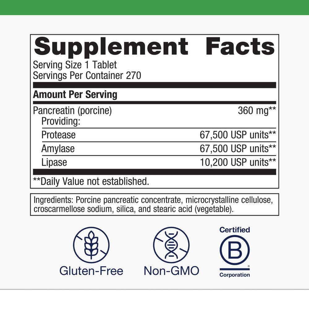Pancreatic enzyme capsules with protein, fat, and carb symbols