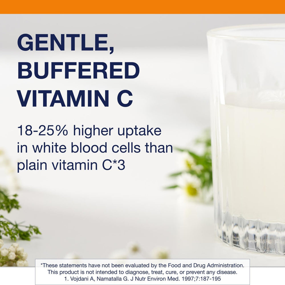 Close-up of Metagenics Vitamin C complex with calcium ascorbate, L-glutathione and L-lysine