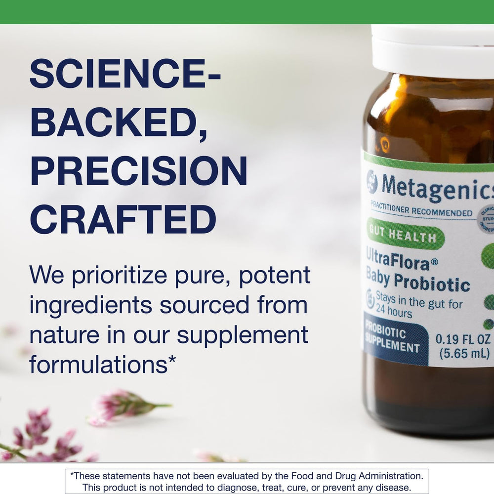 Ingredients label highlights probiotic strains in Metagenics UltraFlora Baby Probiotic.