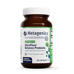 Metagenics UltraFlora Balance bottle front shows compact daily probiotic for gut wellness.