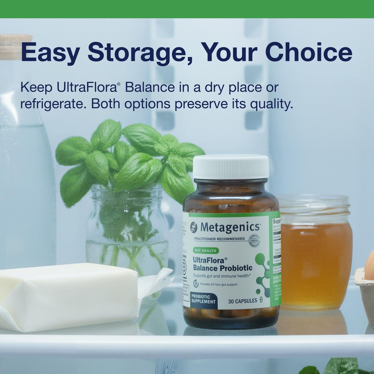 Lifestyle shot of Metagenics UltraFlora Balance bottle on a clean background